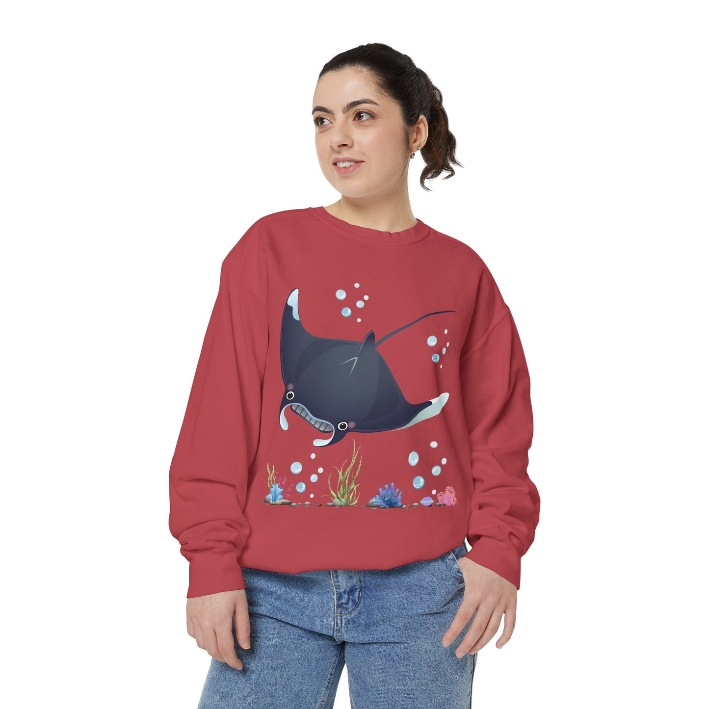 Manta ray with bubbles and coral reef Unisex Garment-Dyed Sweatshirt