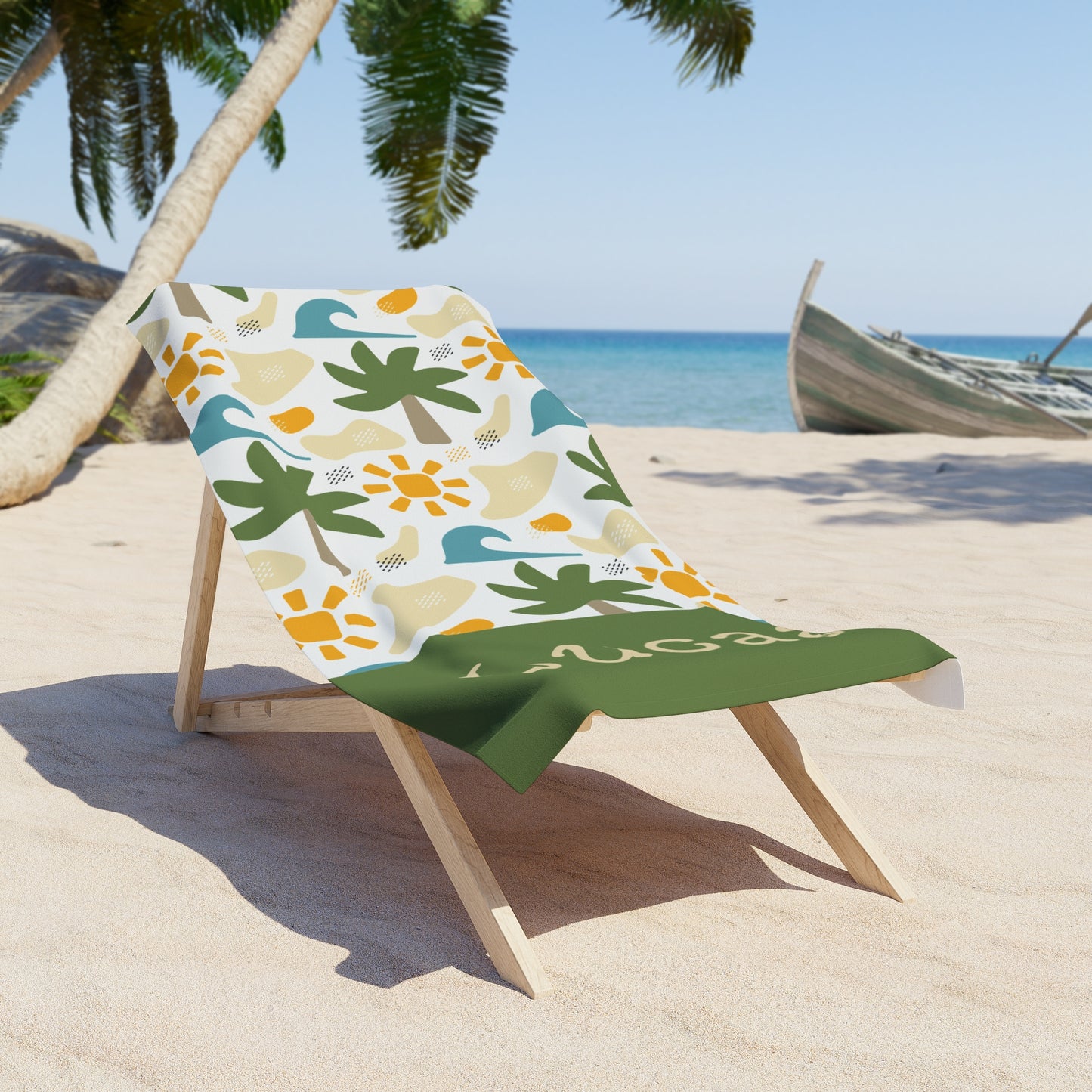 Personalized Tropical Beach Towel — Custom Name Lucas, Palm Tree & Sun Pattern