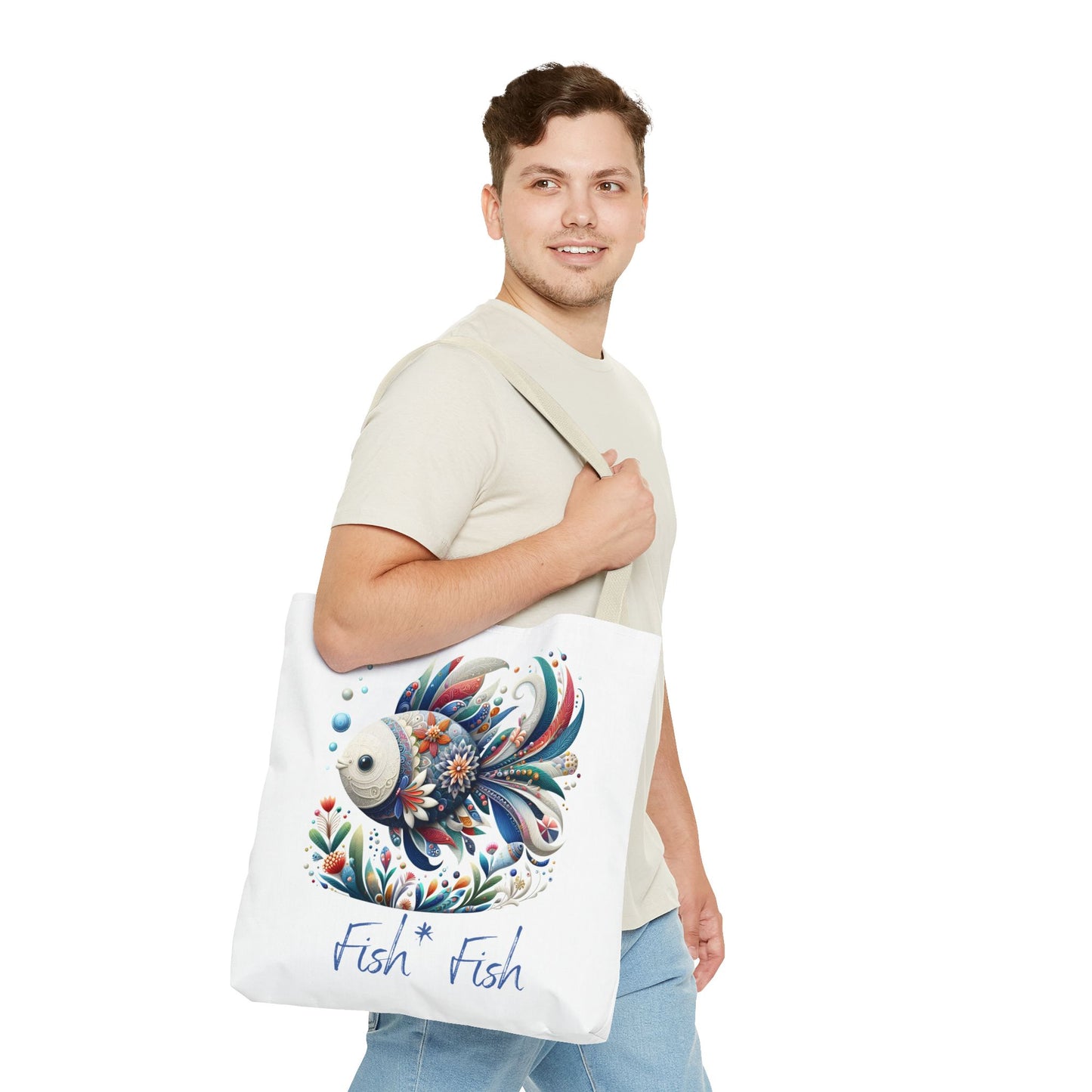 Floral Fish Tote Bag — Colorful Whimsical "Fish Fish" Canvas Tote