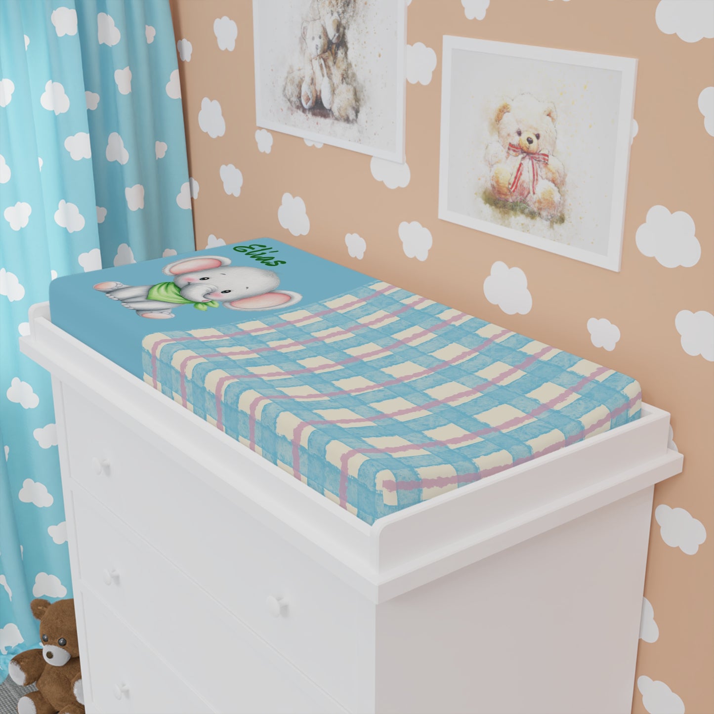 Baby Changing Pad Cover — Cute Blue Elephant Plaid Nursery Protector