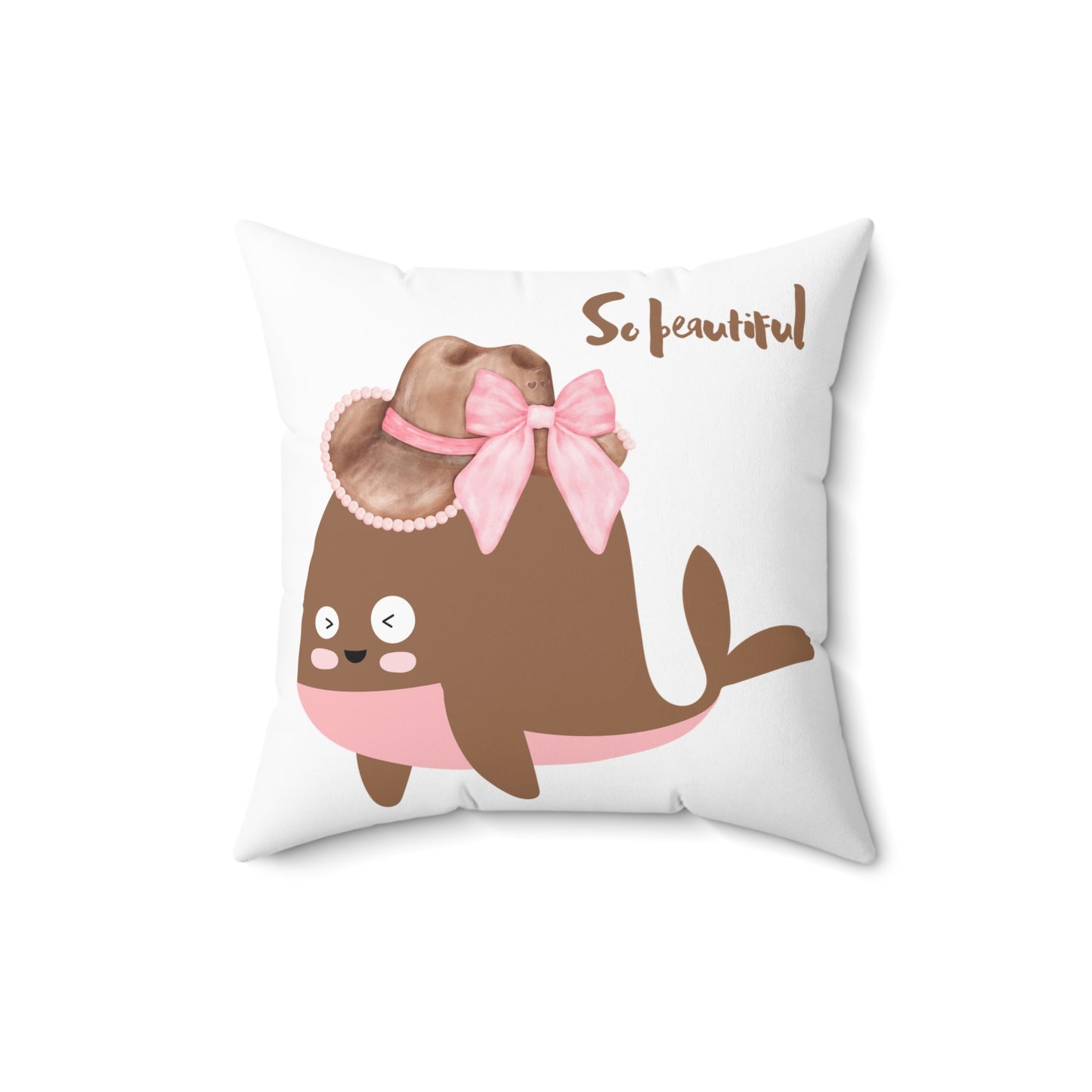 Whale wearing a cowboy hat with a pink bow Spun Polyester Square Pillow