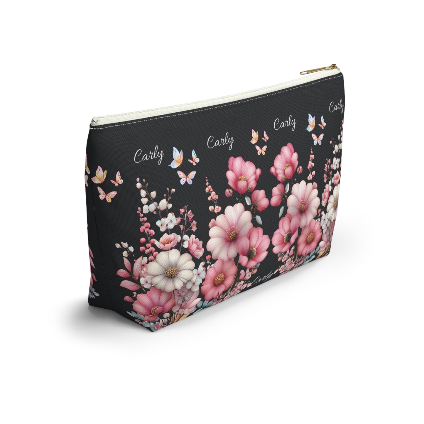 Floral Cosmetic Pouch with Pink Blooms — Personalized 'Carly' Accessory Bag