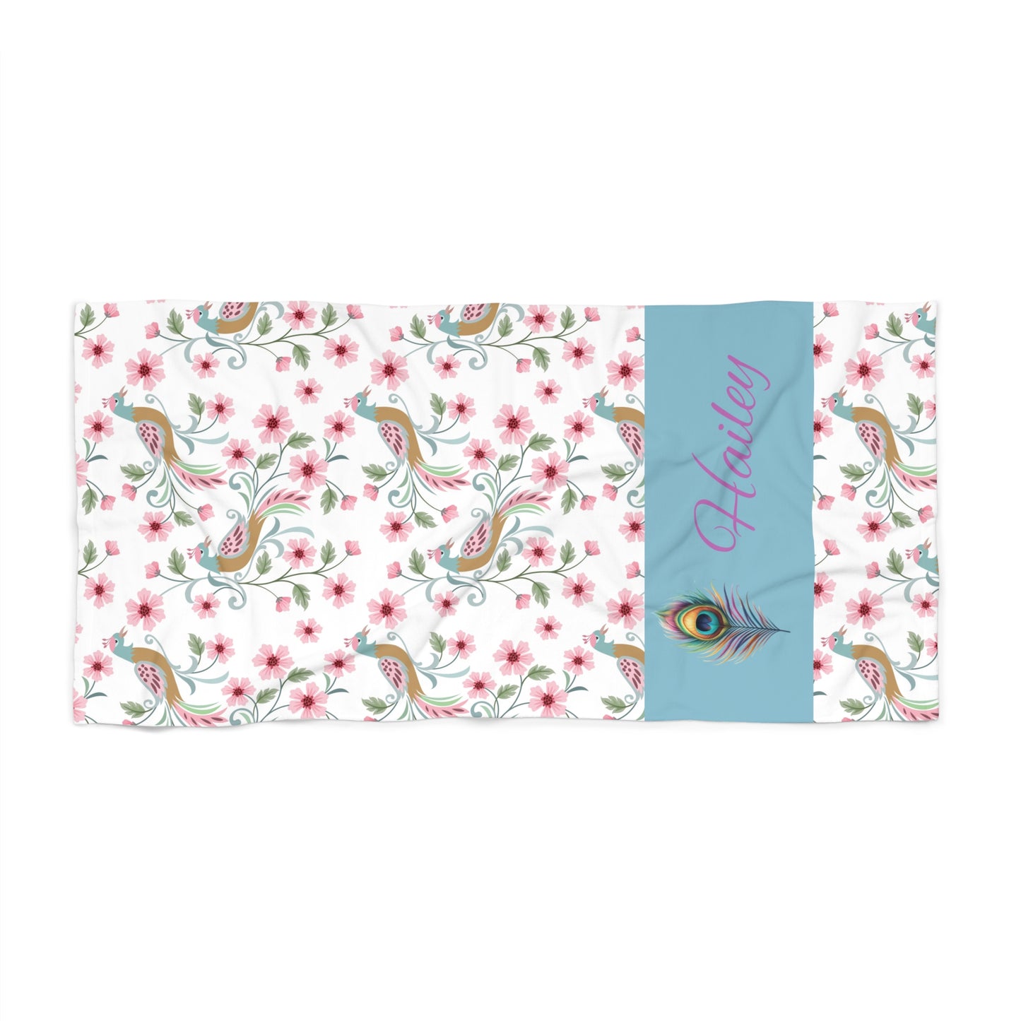 Personalized Floral Peacock Beach Towel — Custom Name Tropical Pool Towel