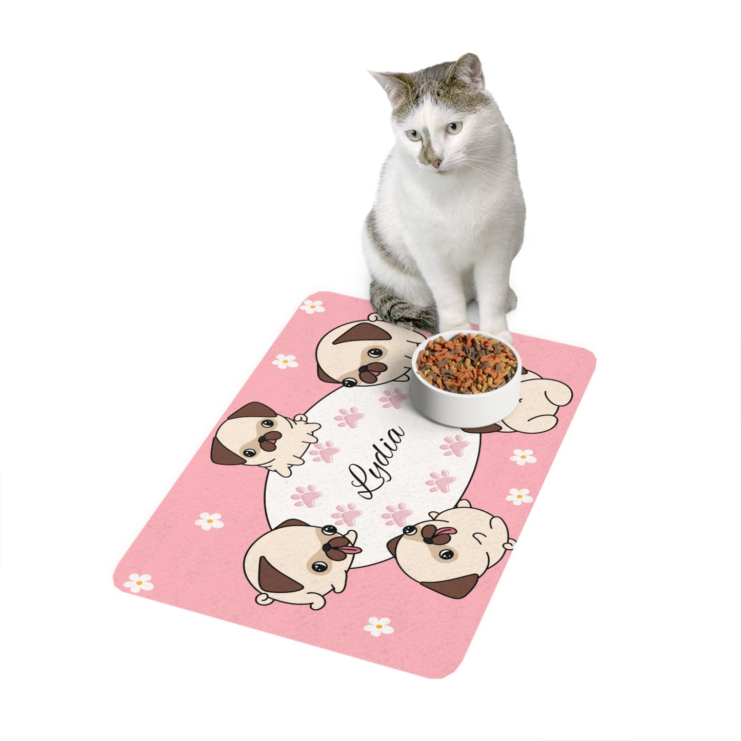 Personalized Pink Pug Pet Food Mat (12x18) — Custom Name Dog Feeding Placemat