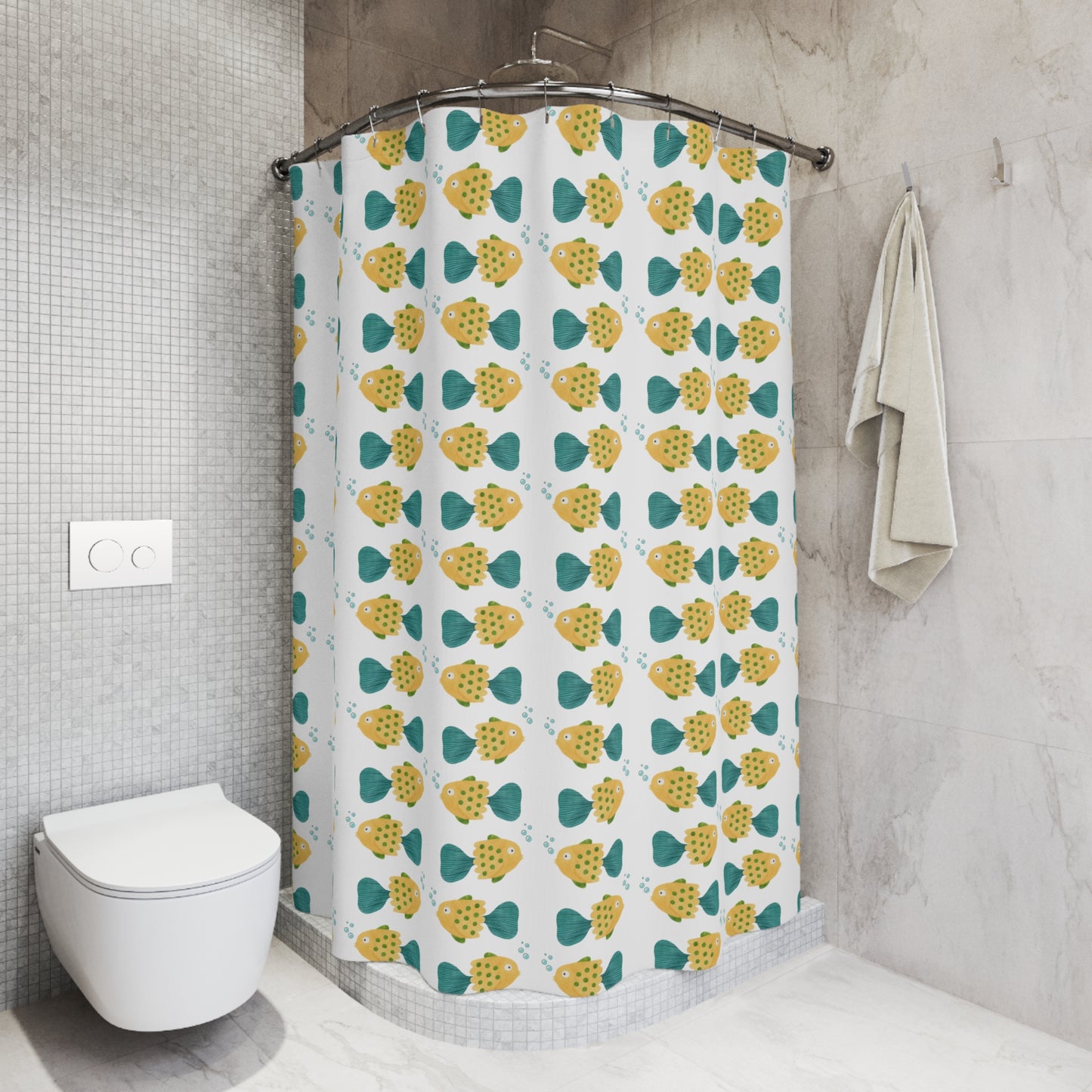 Fish Pattern Shower Curtain — Cute Yellow & Teal Fish Bathroom Decor