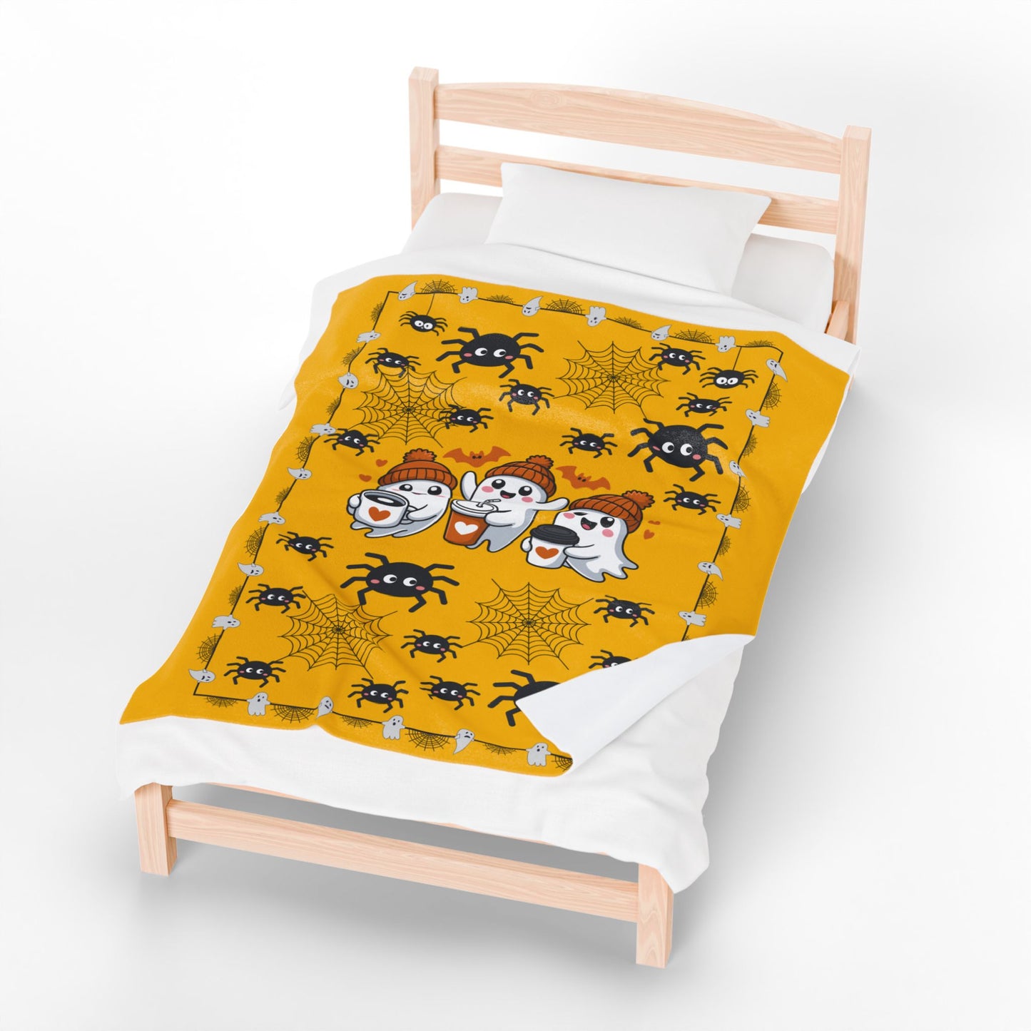 Cozy Halloween Velveteen Plush Blanket for Spooky Nights, Ghosts and Spiders Design, Perfect for Fall Decor, Gift, and Movie Nights