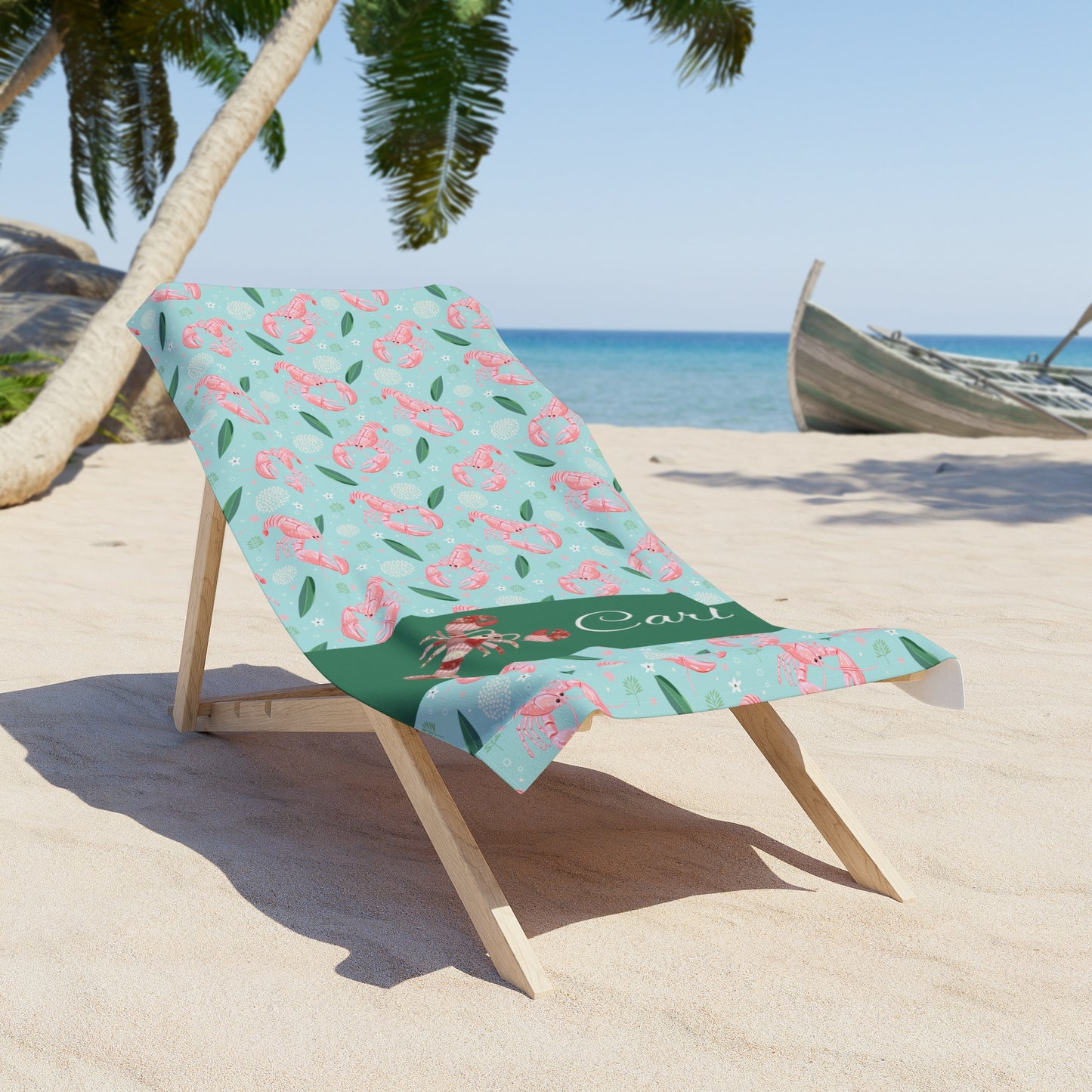 Personalized Flamingo Beach Towel - Custom Name Tropical Lobster Pattern
