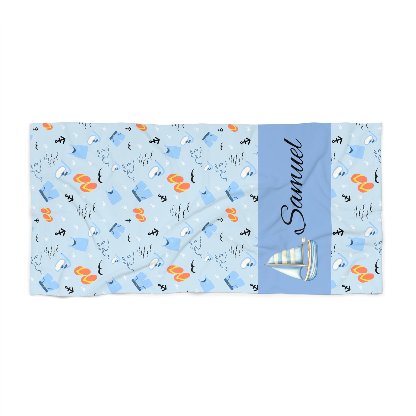 Personalized Nautical Beach Towel — Blue Sailboat Pattern with Name