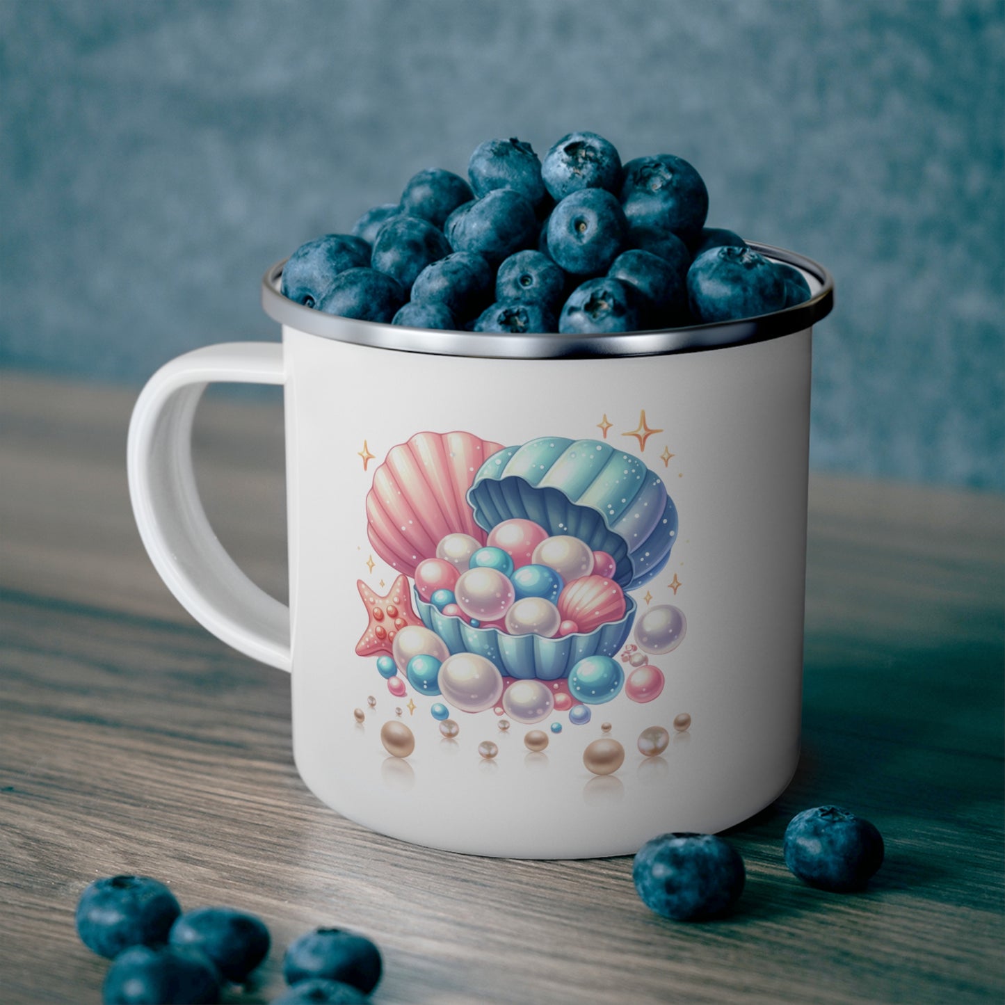 Coastal Charm Enamel Camping Mug - Seashells & Pearls Design