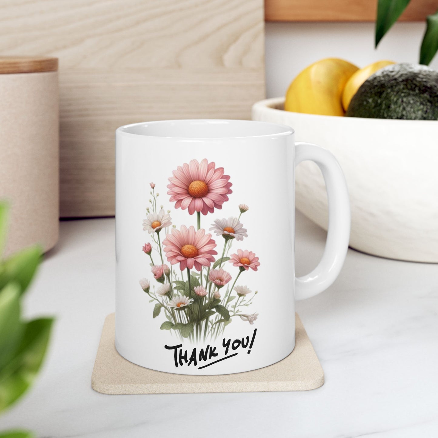 Thank You Floral Ceramic Mug (11oz & 15oz) — Pink Bouquet Appreciation Gift