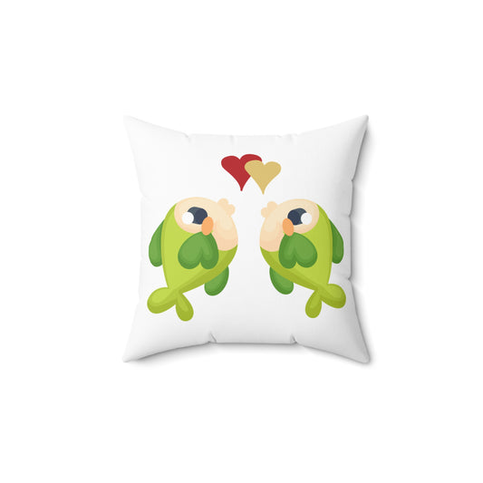 Two hearts float between the fish one red and one yellow Spun Polyester Square Pillow