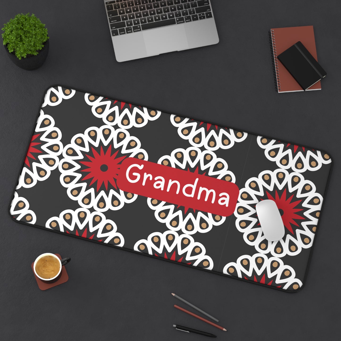 Grandma Floral Desk Mat — Personalized Red & White Patterned Office Mouse Pad