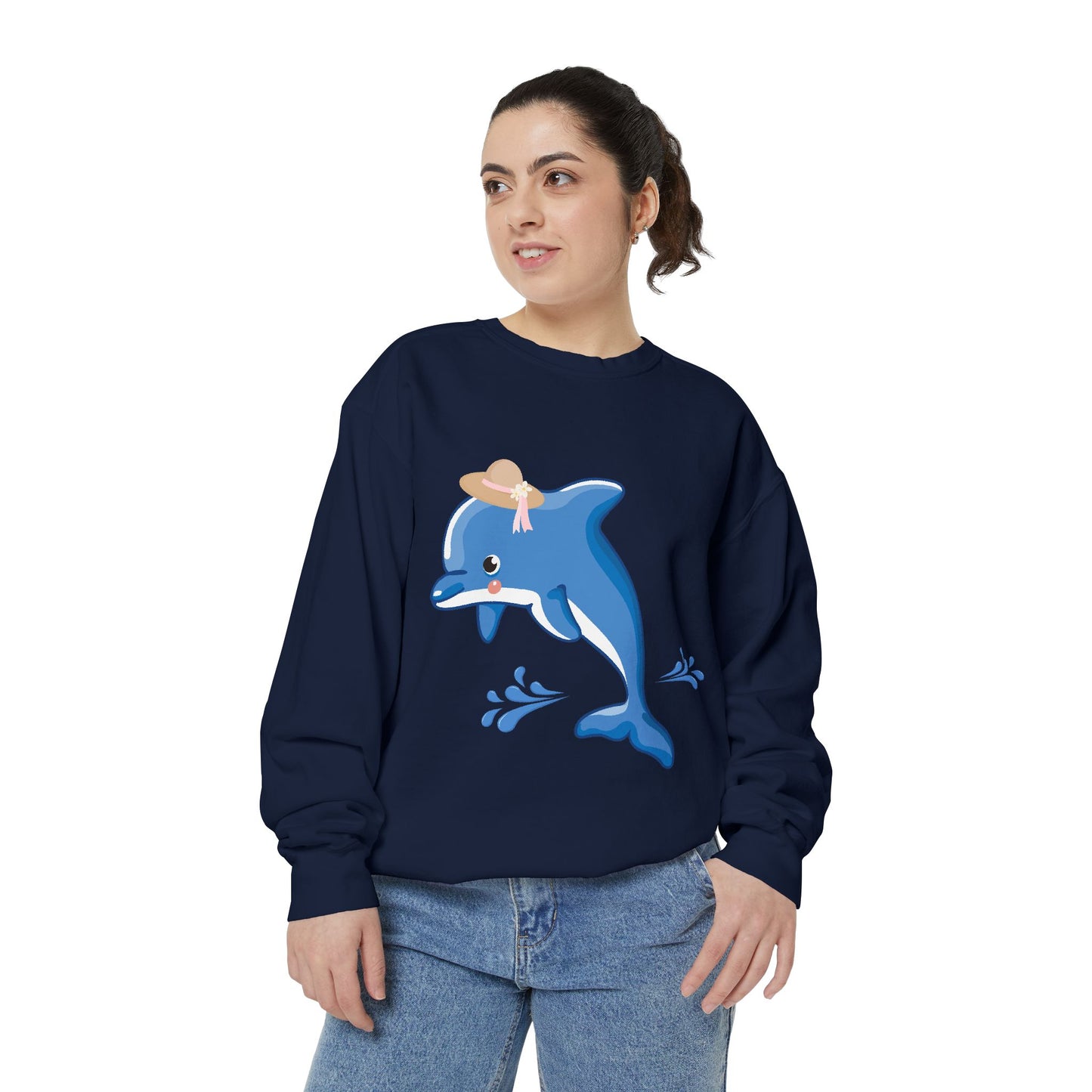 Dolphin wearing a straw hat with stylized water splashes Unisex Garment-Dyed Sweatshirt