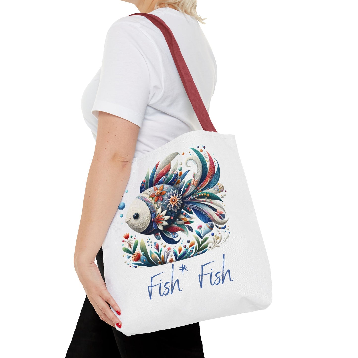 Floral Fish Tote Bag — Colorful Whimsical "Fish Fish" Canvas Tote