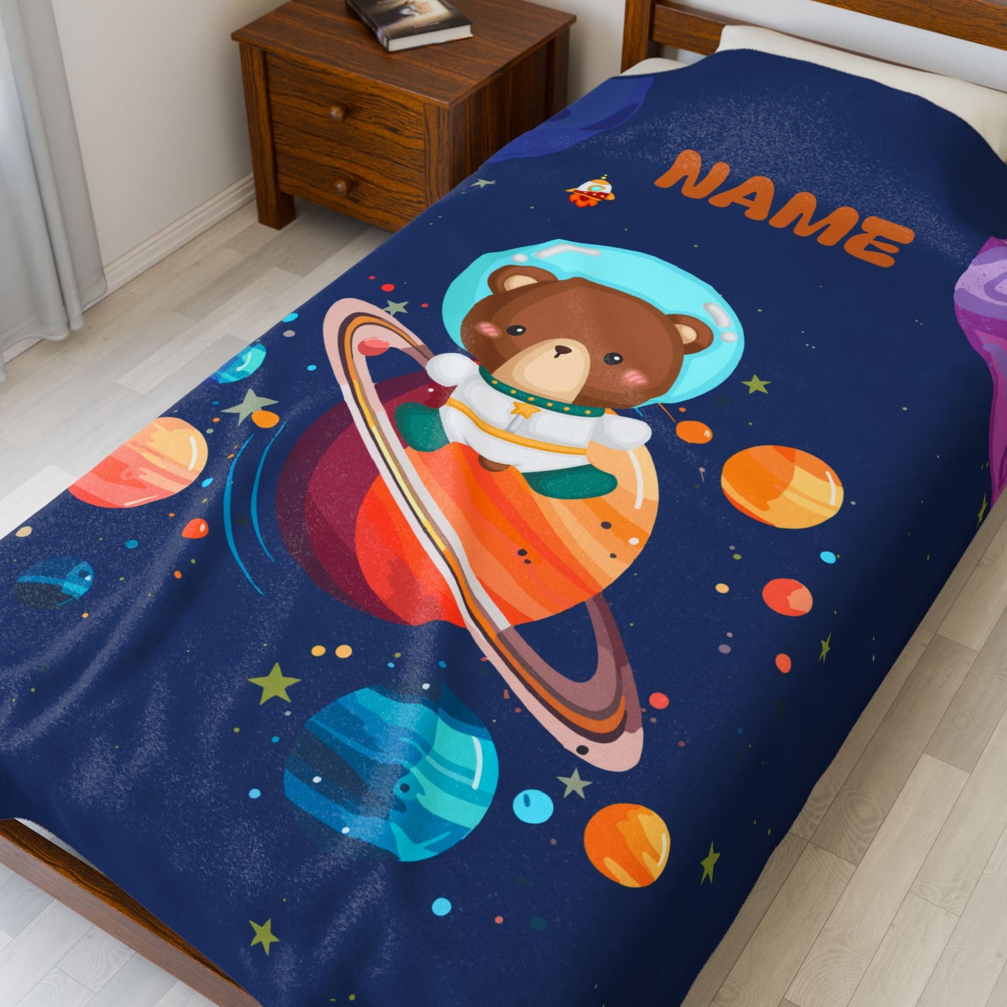 Space-Themed Velveteen Plush Blanket for Kids, Cozy Planet Bear Blanket, Personalized Children's Blanket, Great Gift for Baby Showers, [...]