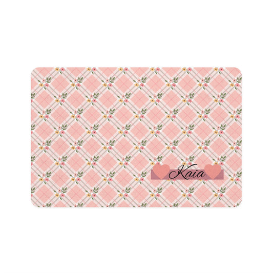 Personalized Pink Plaid Pet Food Mat (12x18) — Custom Name Heart