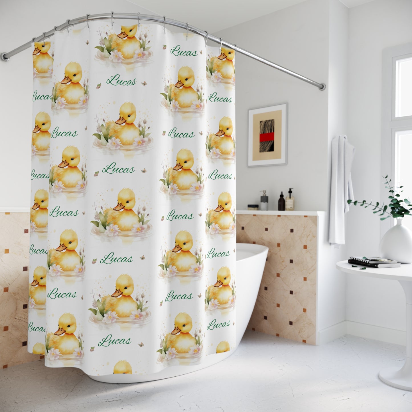 Duckling Name Shower Curtain — Personalized 'Lucas' Baby Floral Bath Decor
