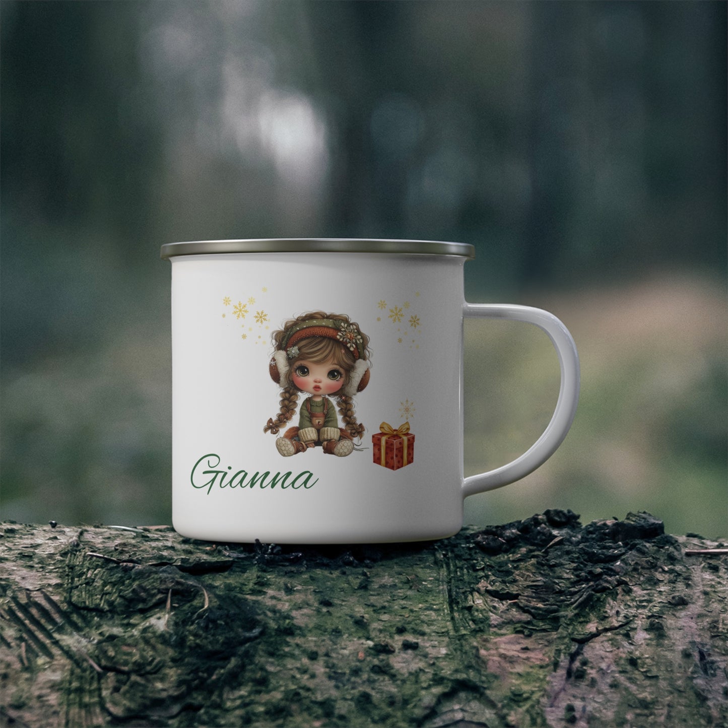 Personalized Enamel Camping Mug with Cute Winter Design