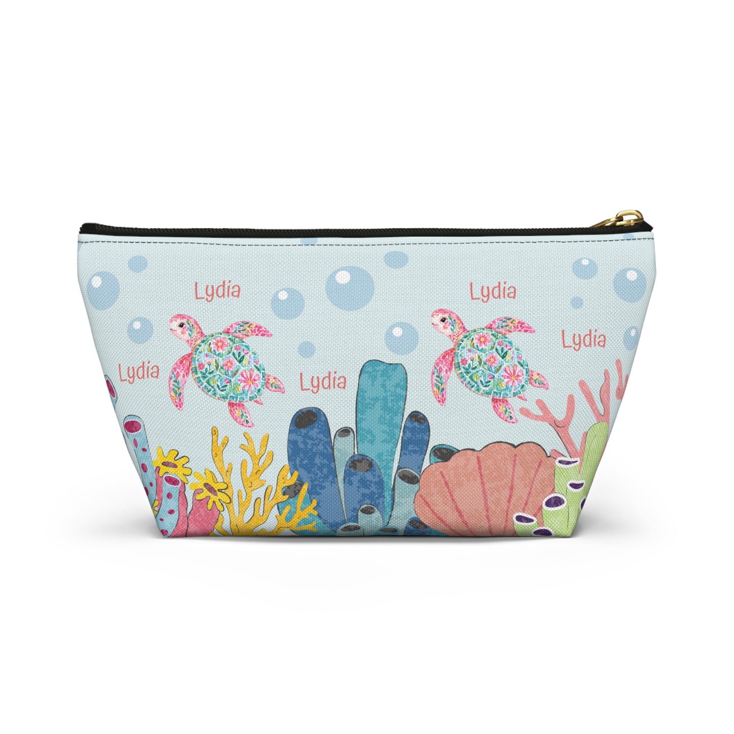 Personalized Sea Turtle Makeup Bag — Floral Turtle Cosmetic Pouch