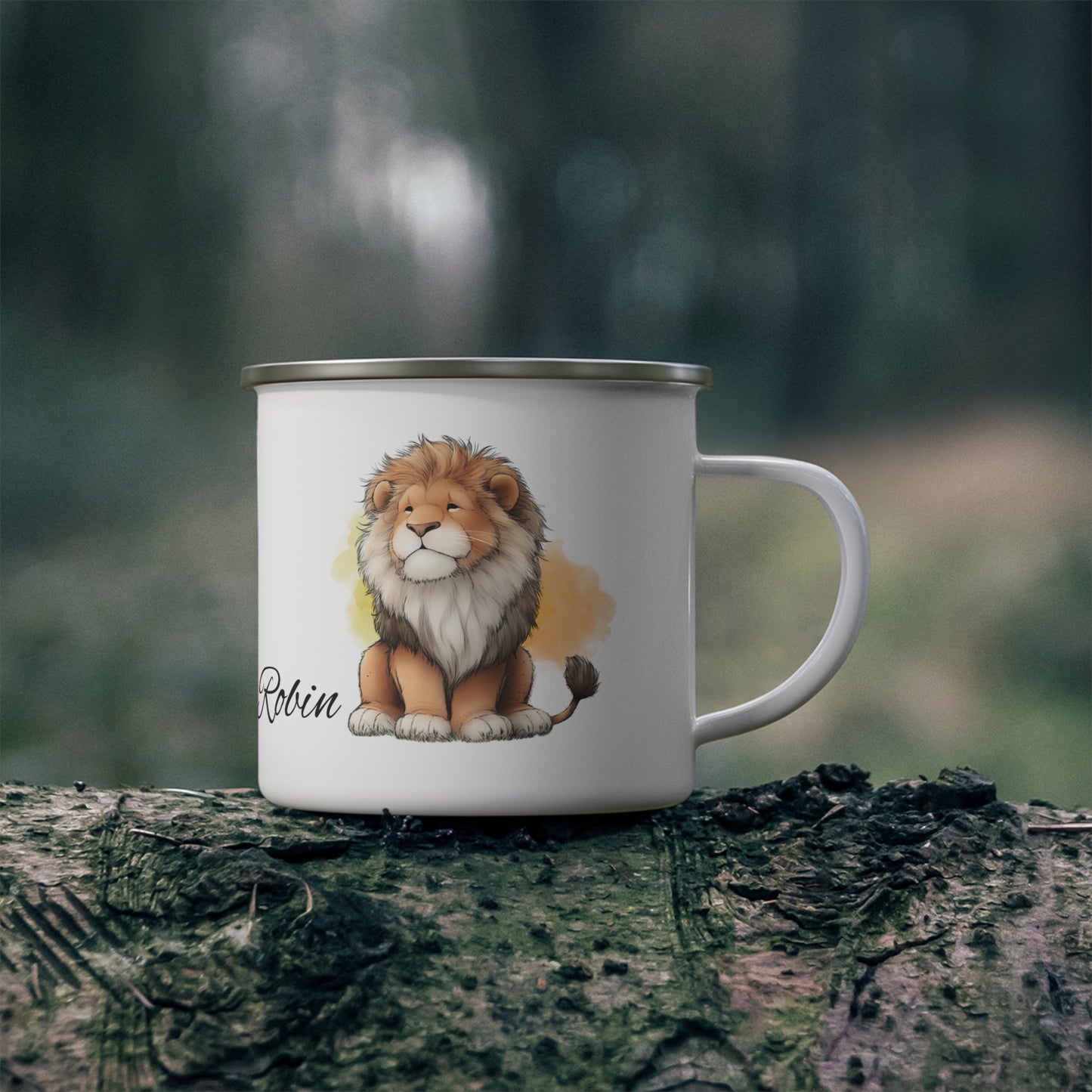 Lion Name Enamel Camping Mug — Personalized "Robin" Rustic Adventure Camper Cup
