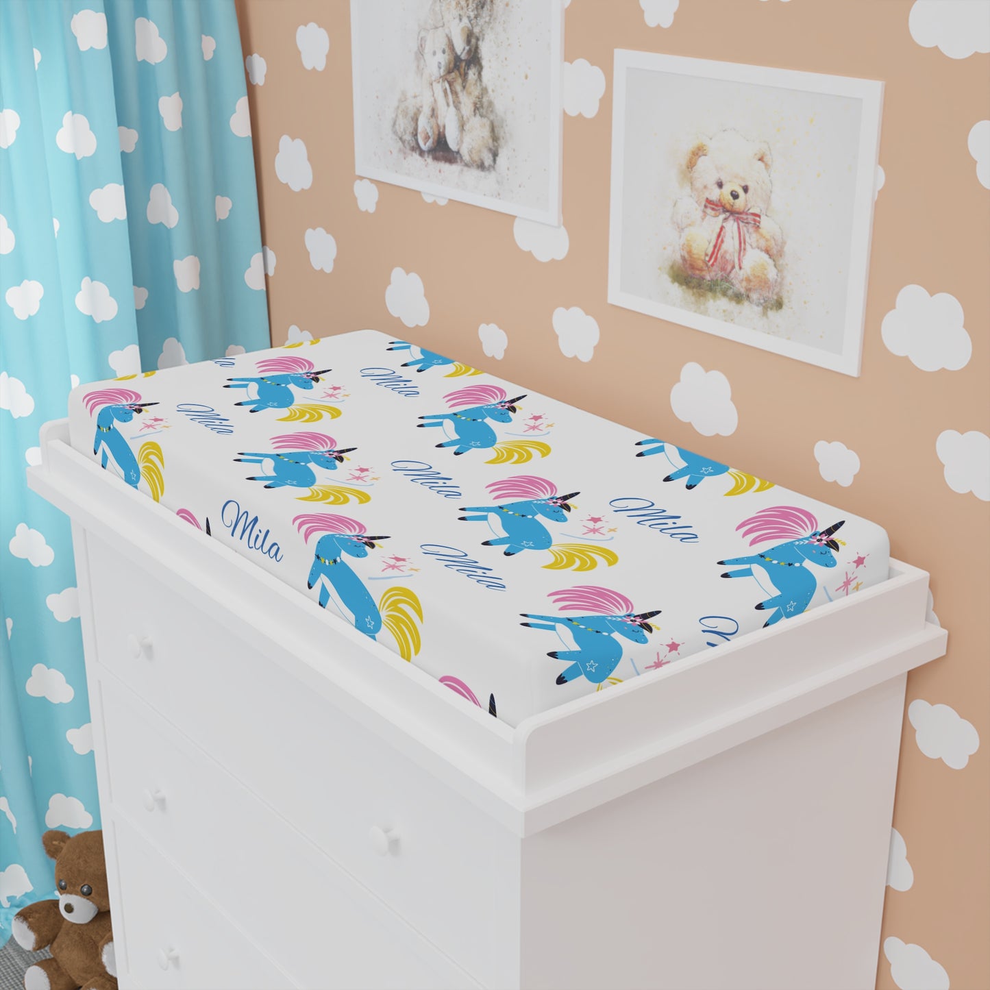 Unicorn Baby Changing Pad Cover — Cute Blue Unicorns with Name 'Mila'