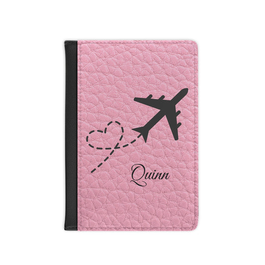 Personalized Pink Travel Passport Cover — Airplane Heart Design