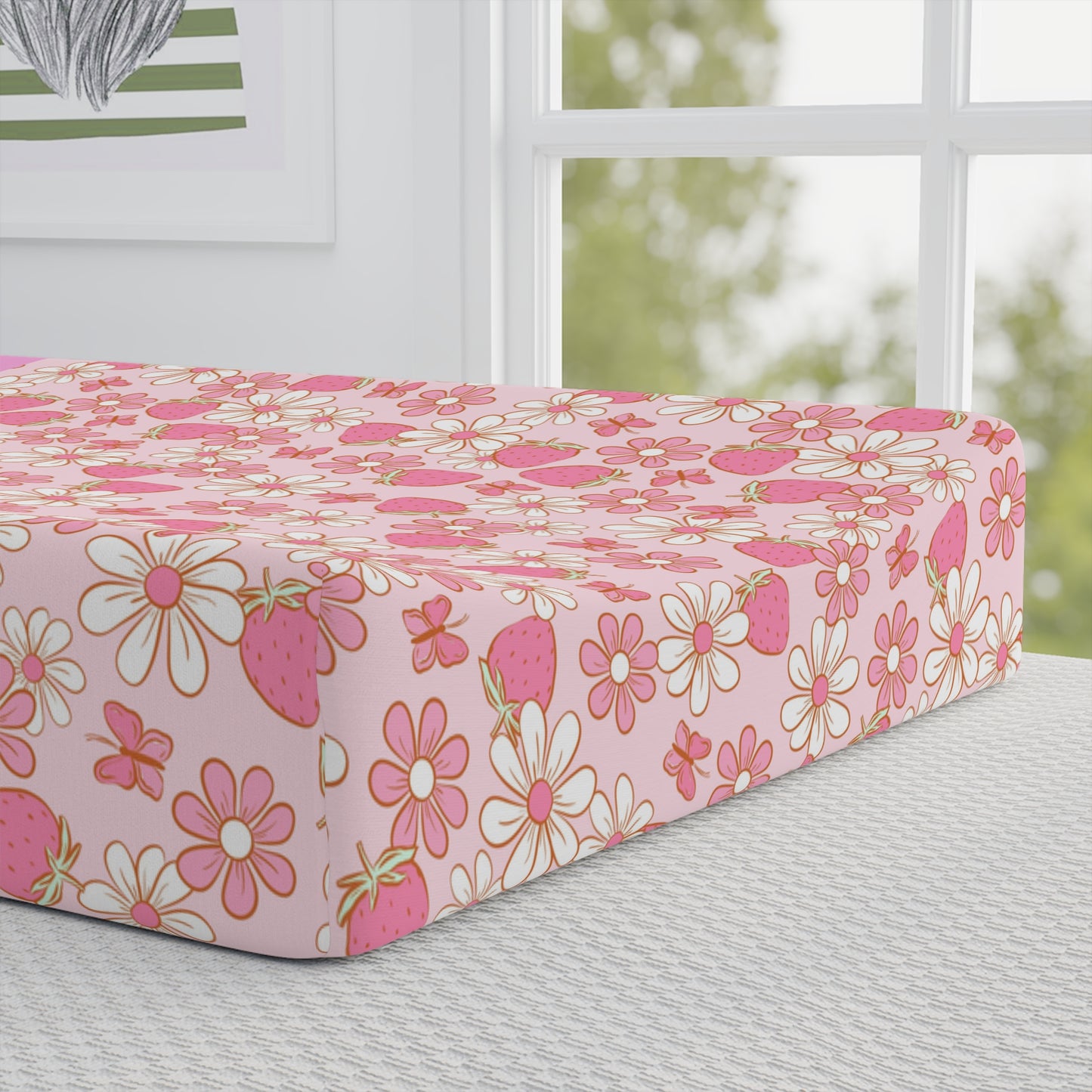 Strawberry Blossom Baby Changing Pad Cover — Pink Floral Nursery Decor