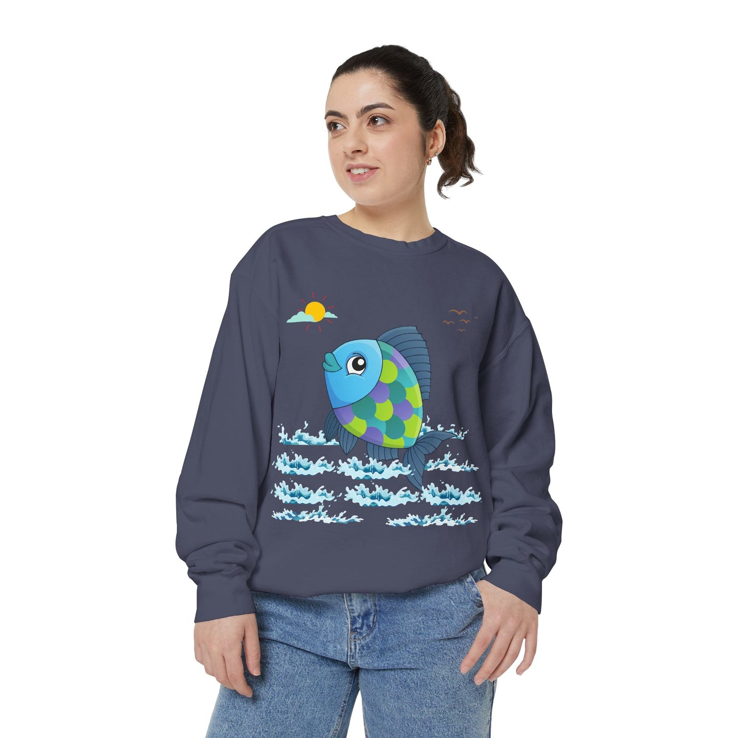 Fish with a sun and birds in the sky above water Unisex Garment-Dyed Sweatshirt