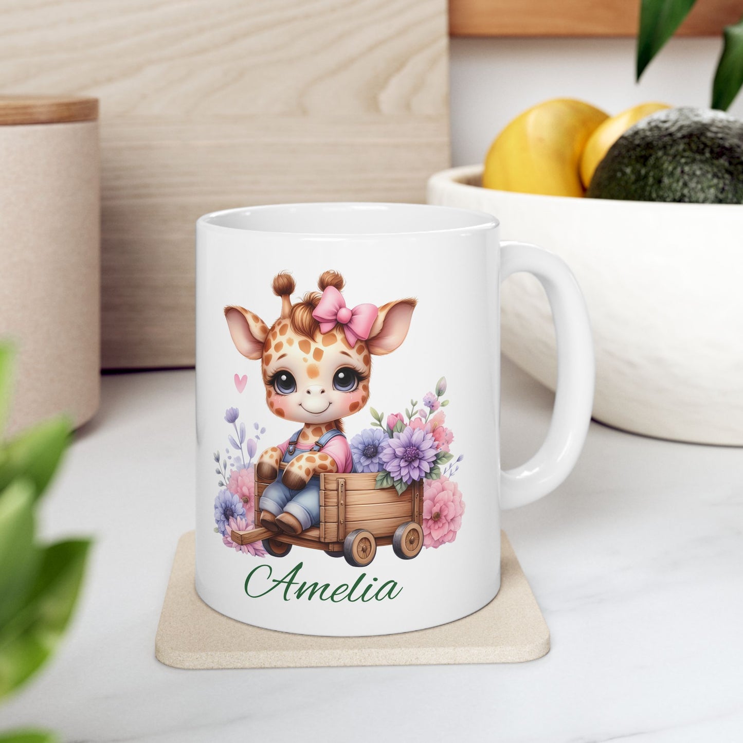 Giraffe Floral Ceramic Mug – Cute Baby Giraffe with Flowers (11oz & 15oz)