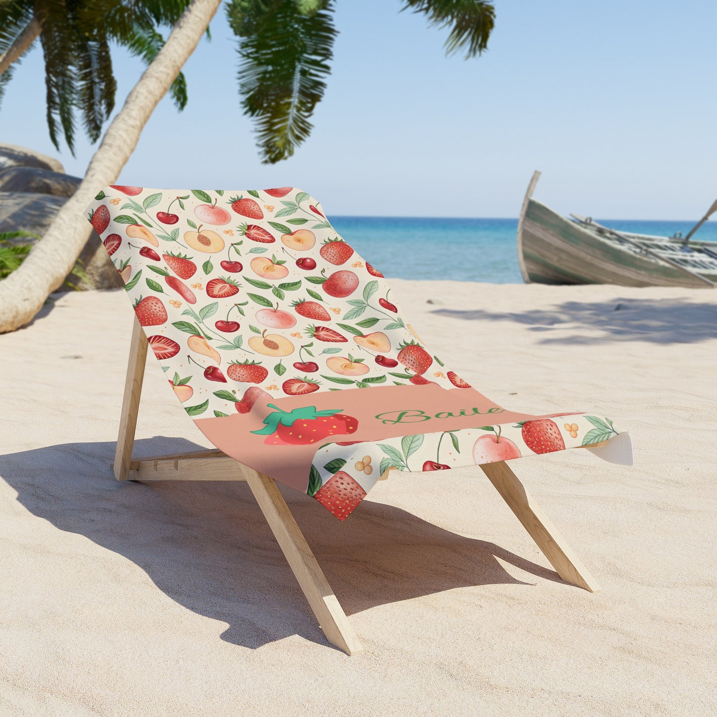 Personalized Strawberry & Peach Beach Towel — Custom Name Tropical Fruit Design