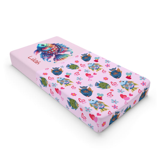 Fish Hearts Baby Changing Pad Cover — Personalized Pink Nursery Crib Sheet