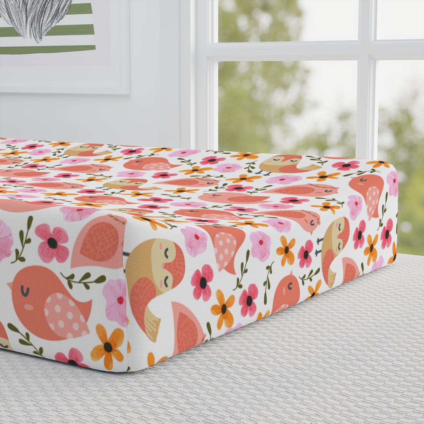 Floral Bird Baby Changing Pad Cover — Personalized Nursery Accent
