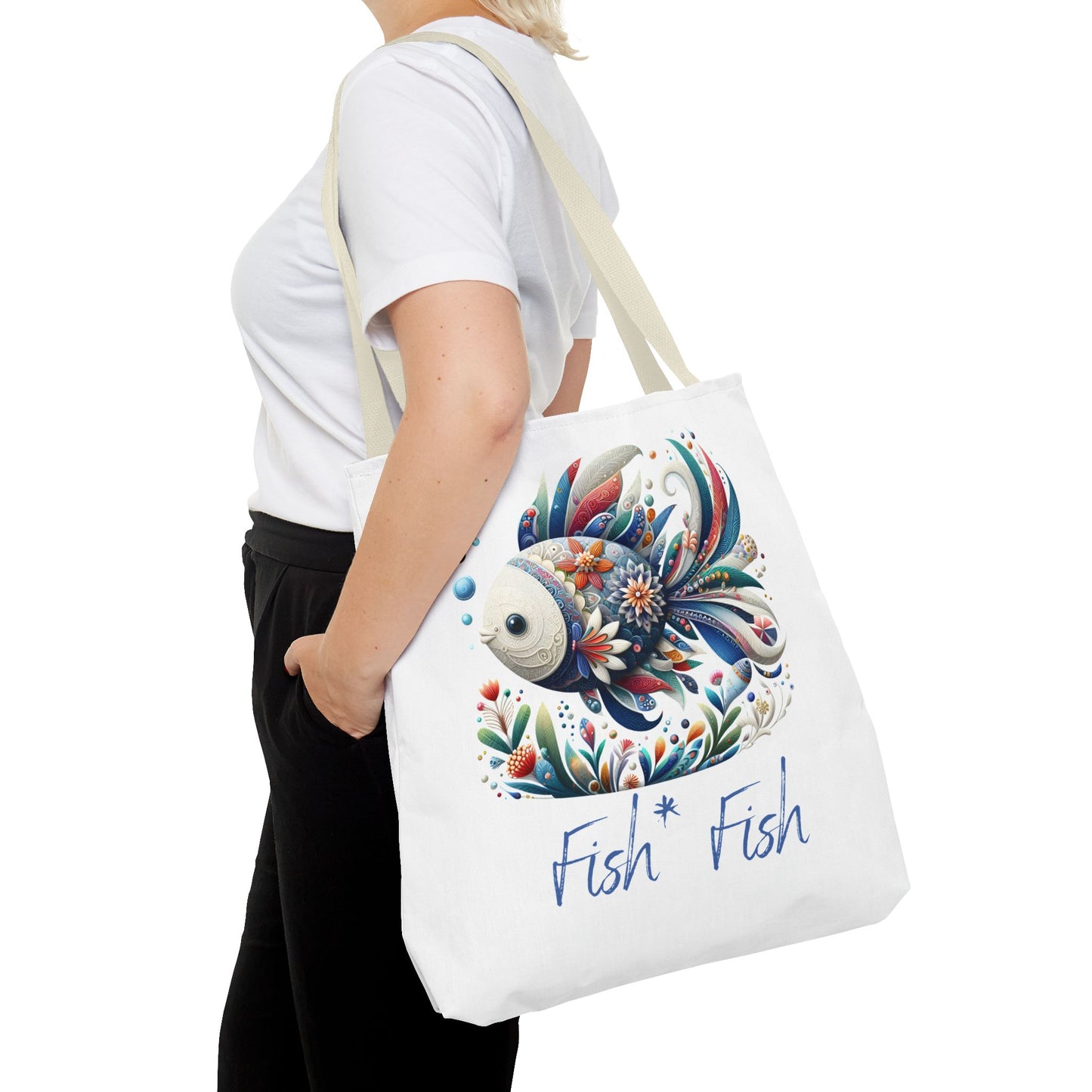 Floral Fish Tote Bag — Colorful Whimsical "Fish Fish" Canvas Tote