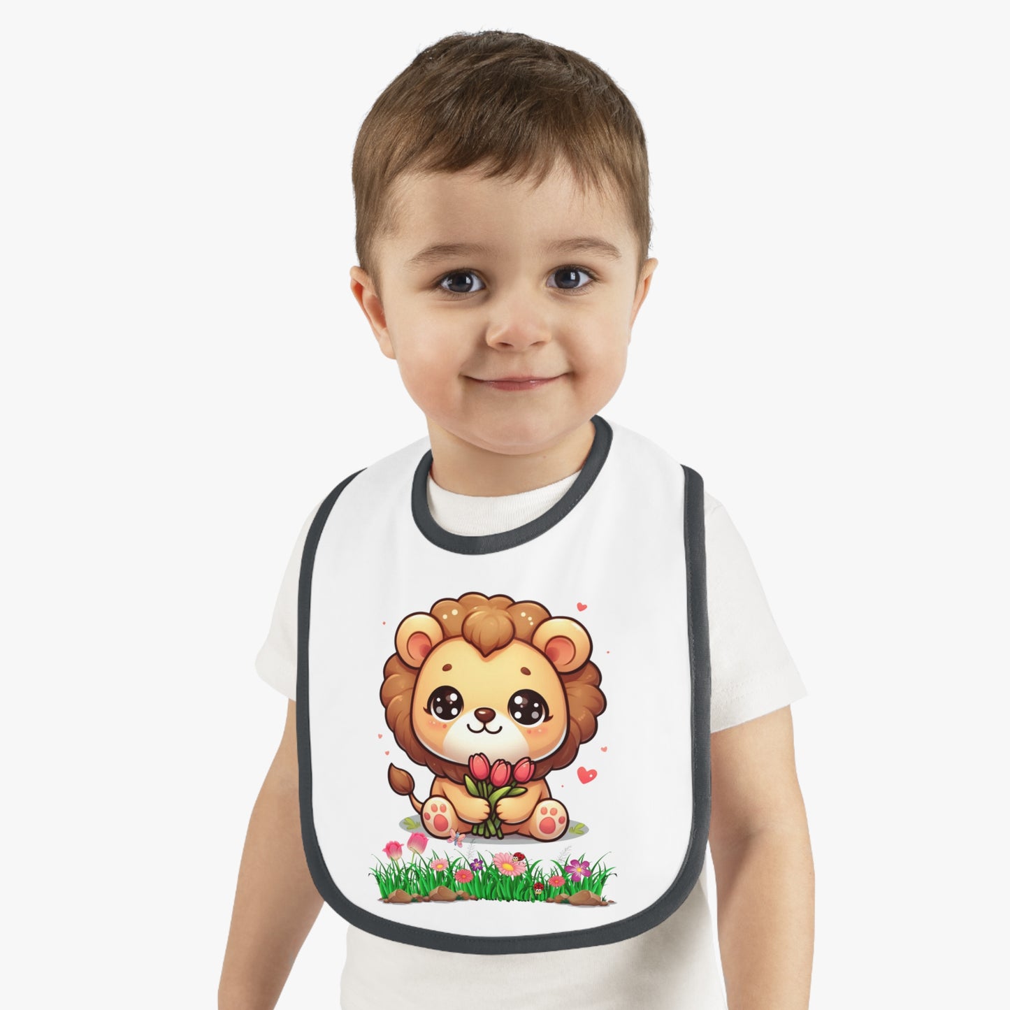 Baby Bib — Cute Lion Holding Flowers, Contrast Trim Infant Feeding Bib