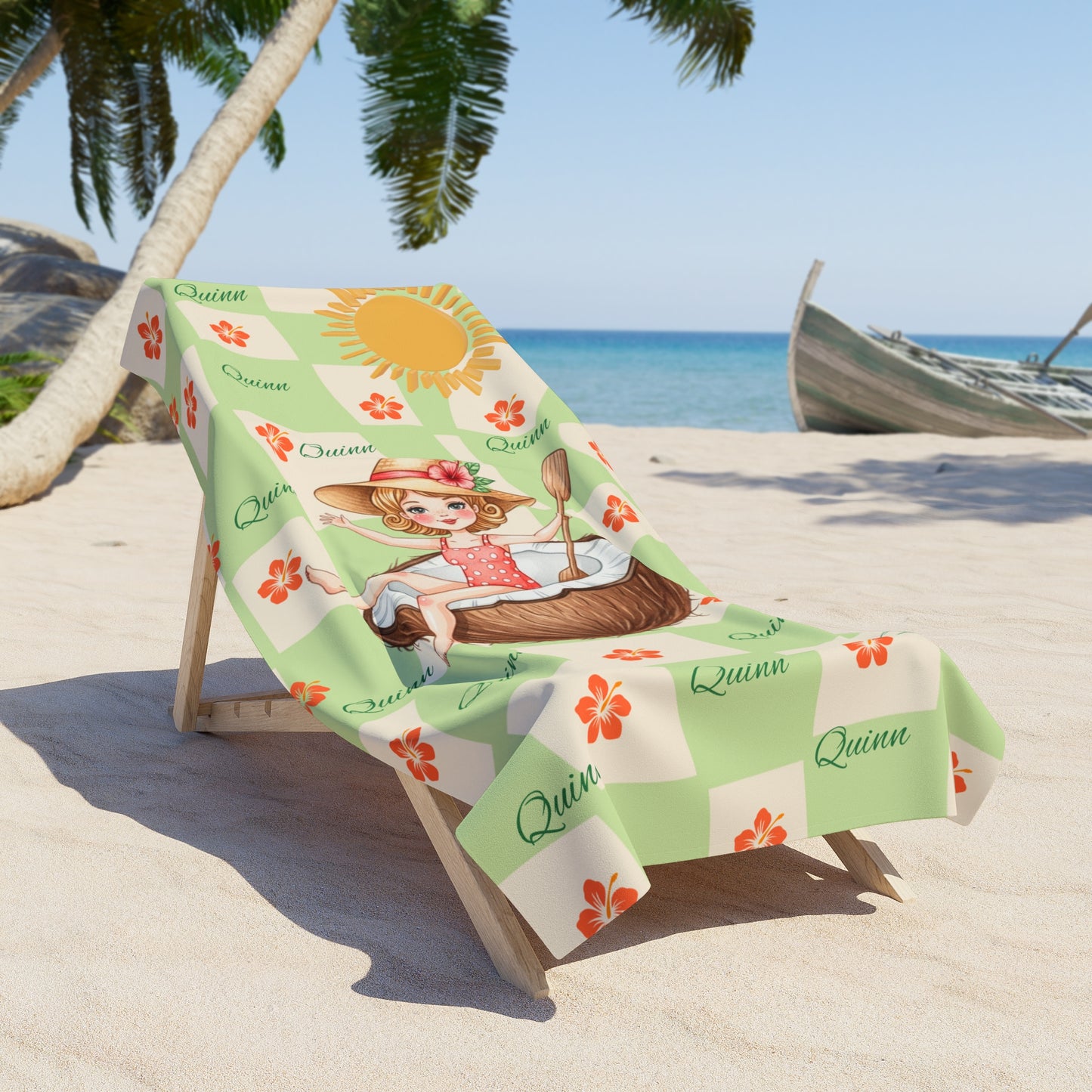 Cute Tropical Girl Beach Towel - 'Queenie' Sun & Coconut Design