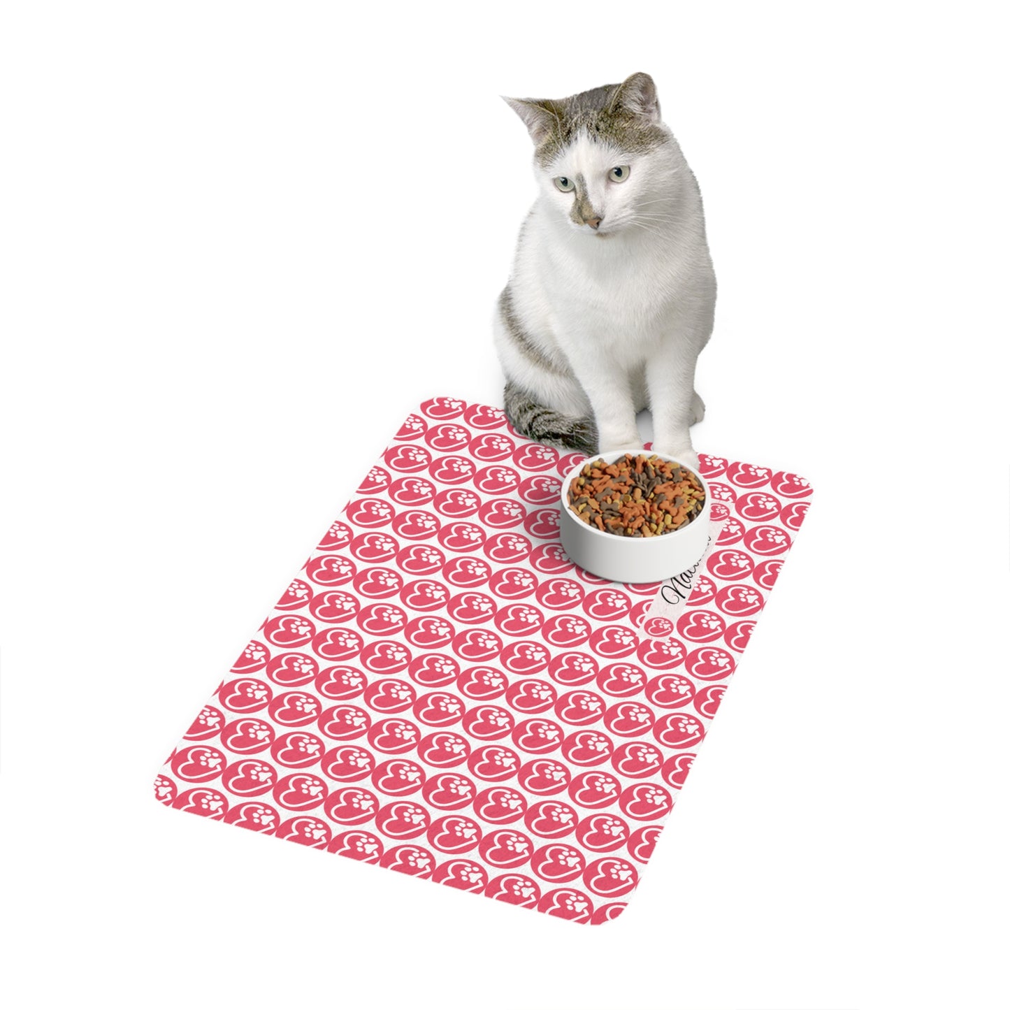 Personalized Pink Heart Paw Pet Food Mat (12x18) — Custom Name Pet Placemat for Cats & Dogs