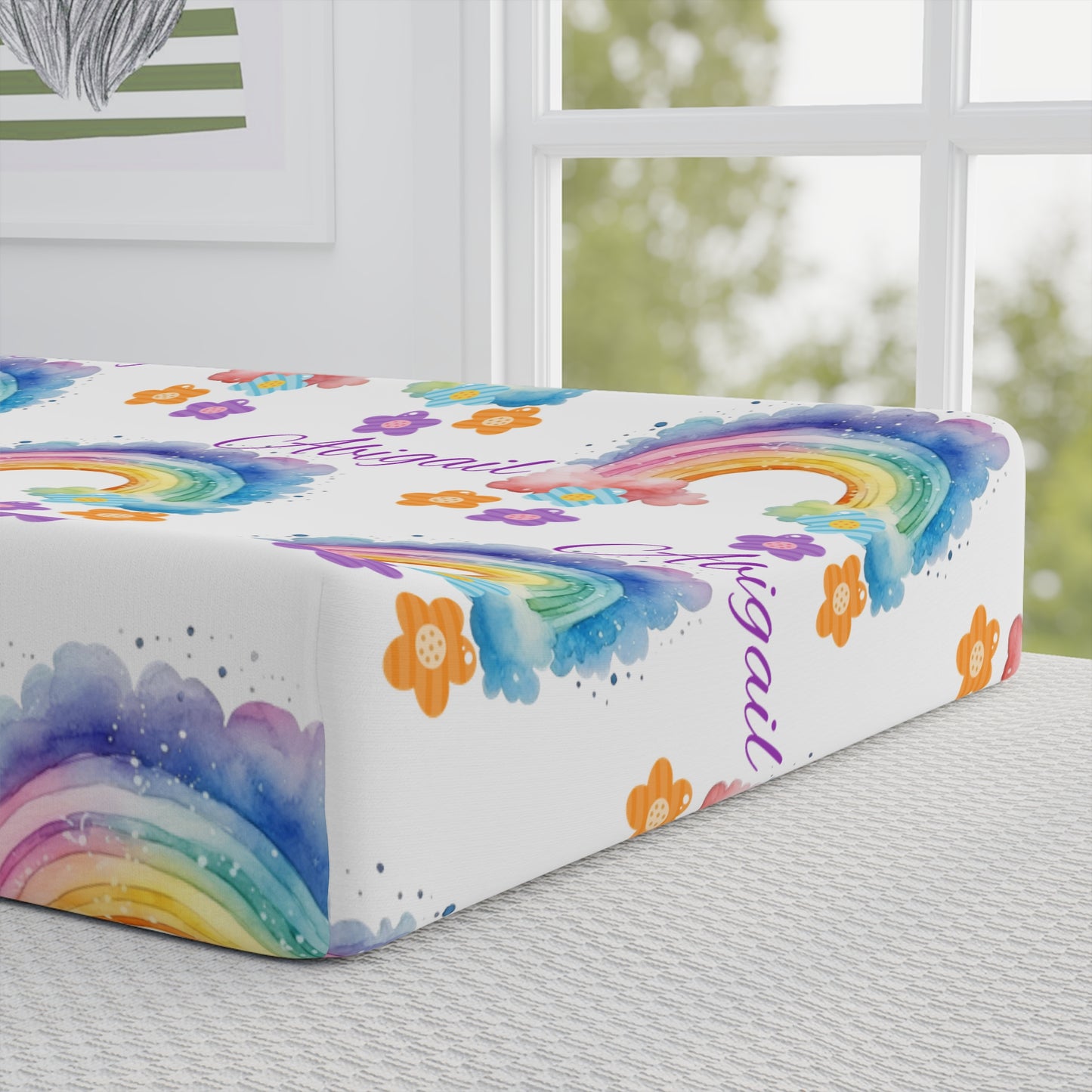 Baby Changing Pad Cover — Watercolor Rainbow Floral Pattern (Personalized Name Option)
