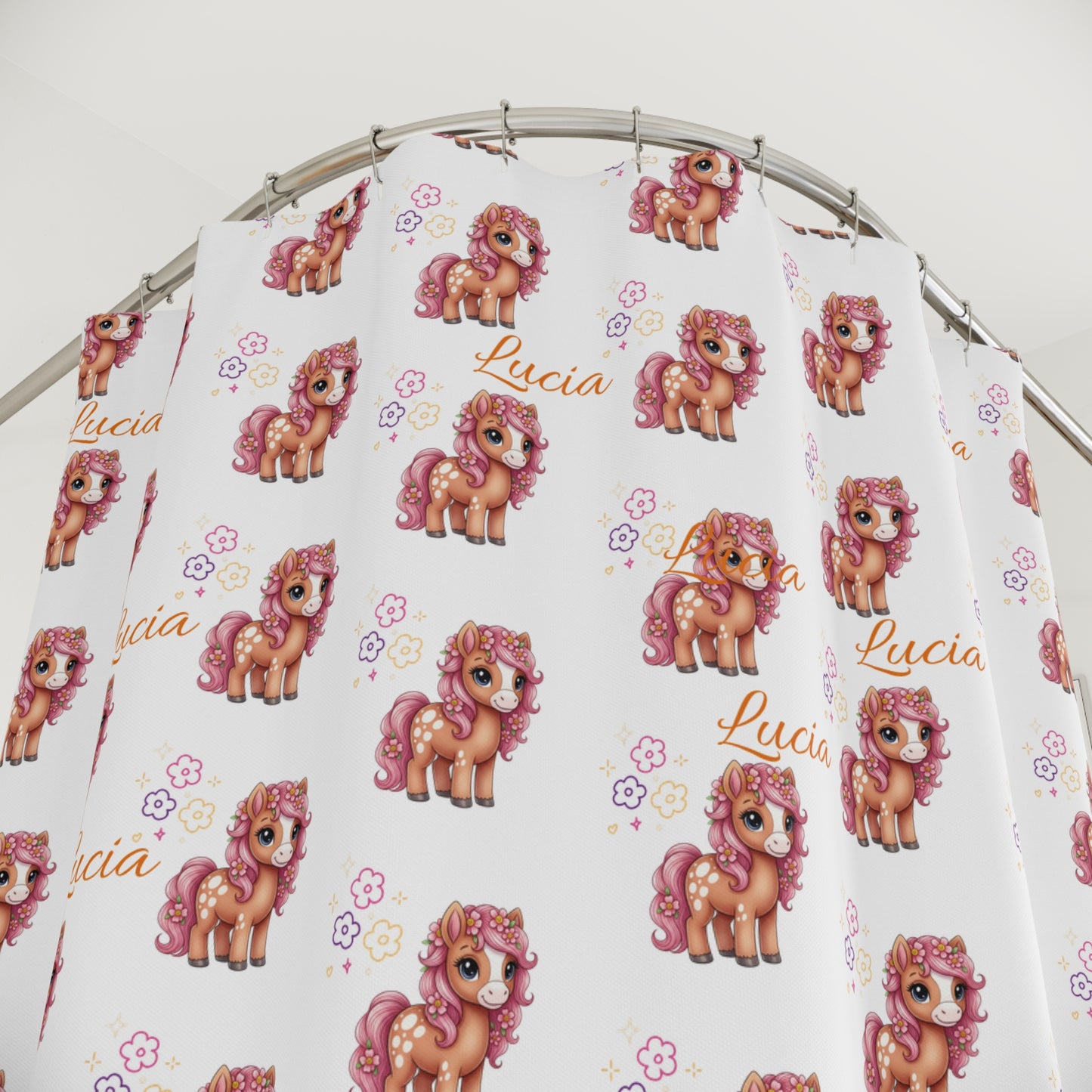 Shower Curtain — Personalized Pink Pony Pattern (Custom Name 'Lucia')