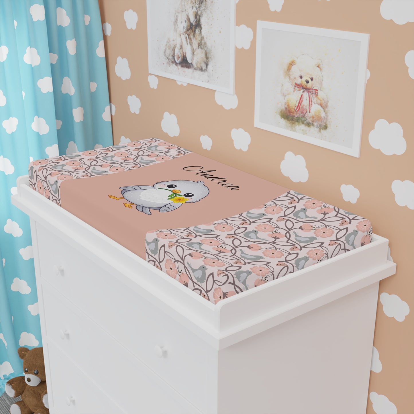 Floral Chick Baby Changing Pad Cover — Personalized Nursery Changing Pad Cover