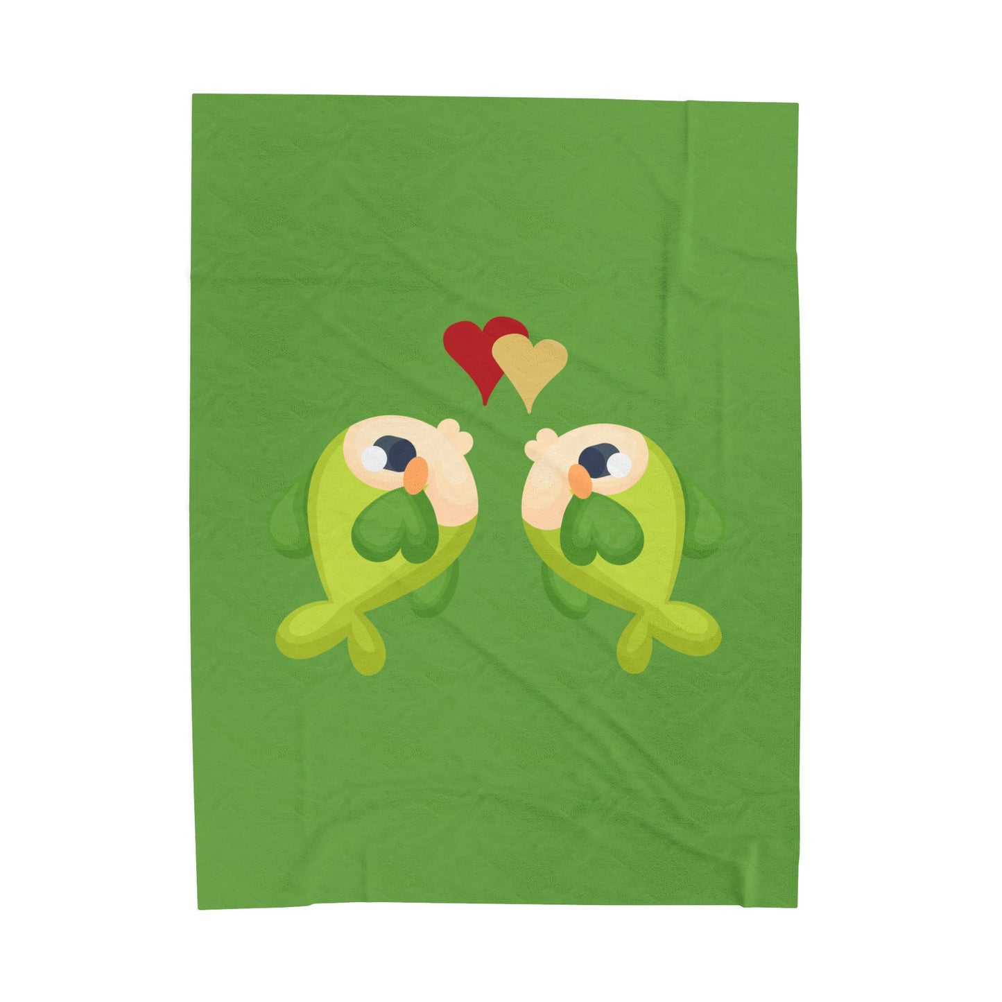 Two hearts float between the fish one red and one yellow Velveteen Plush Blanket