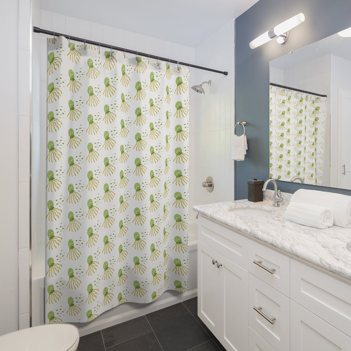 Octopus Pattern Shower Curtain — Green Watercolor Sea Life Bathroom Decor