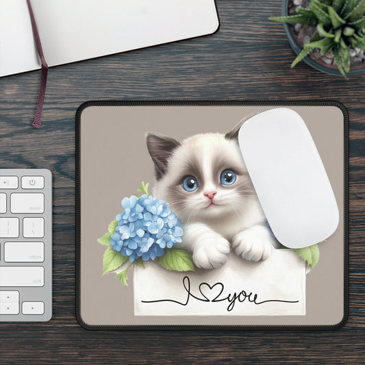 Cute Kitten "I  You" Gaming Mouse Pad — Floral Hydrangea Desk Mat for Cat Lovers