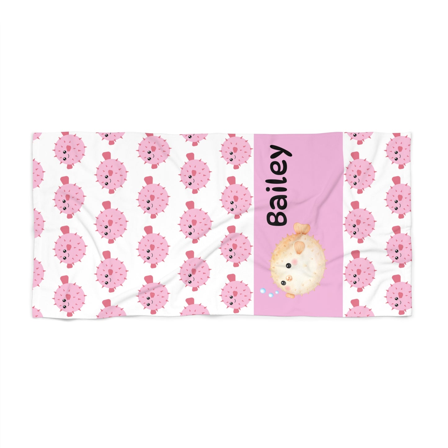 Personalized Pink Pufferfish Beach Towel — Custom Name Cute Ocean Kids Towel
