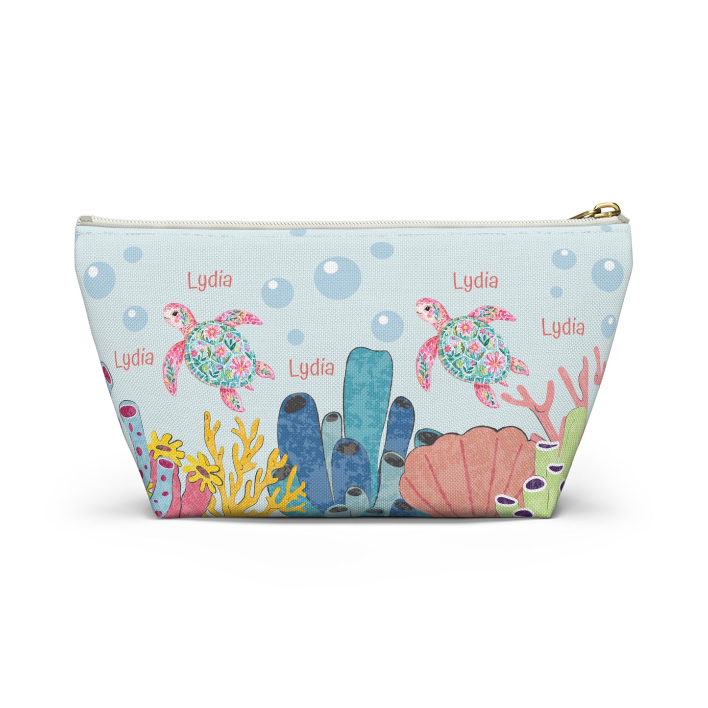 Personalized Sea Turtle Makeup Bag — Floral Turtle Cosmetic Pouch