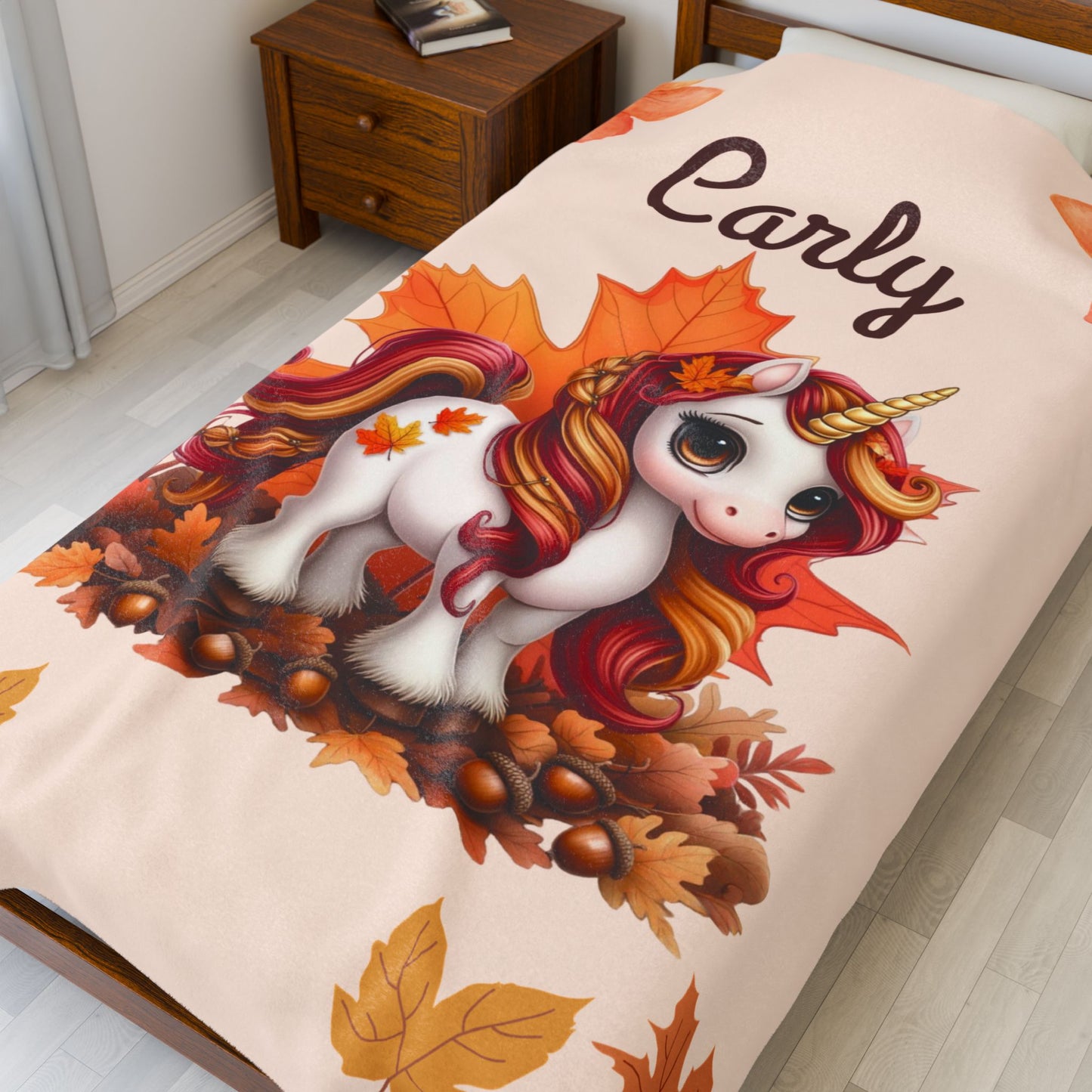 Personalized Unicorn Velveteen Plush Blanket, Cozy Kids Throw, Autumn Decor, Custom Baby Blanket, Ideal Gift for Fall Celebrations