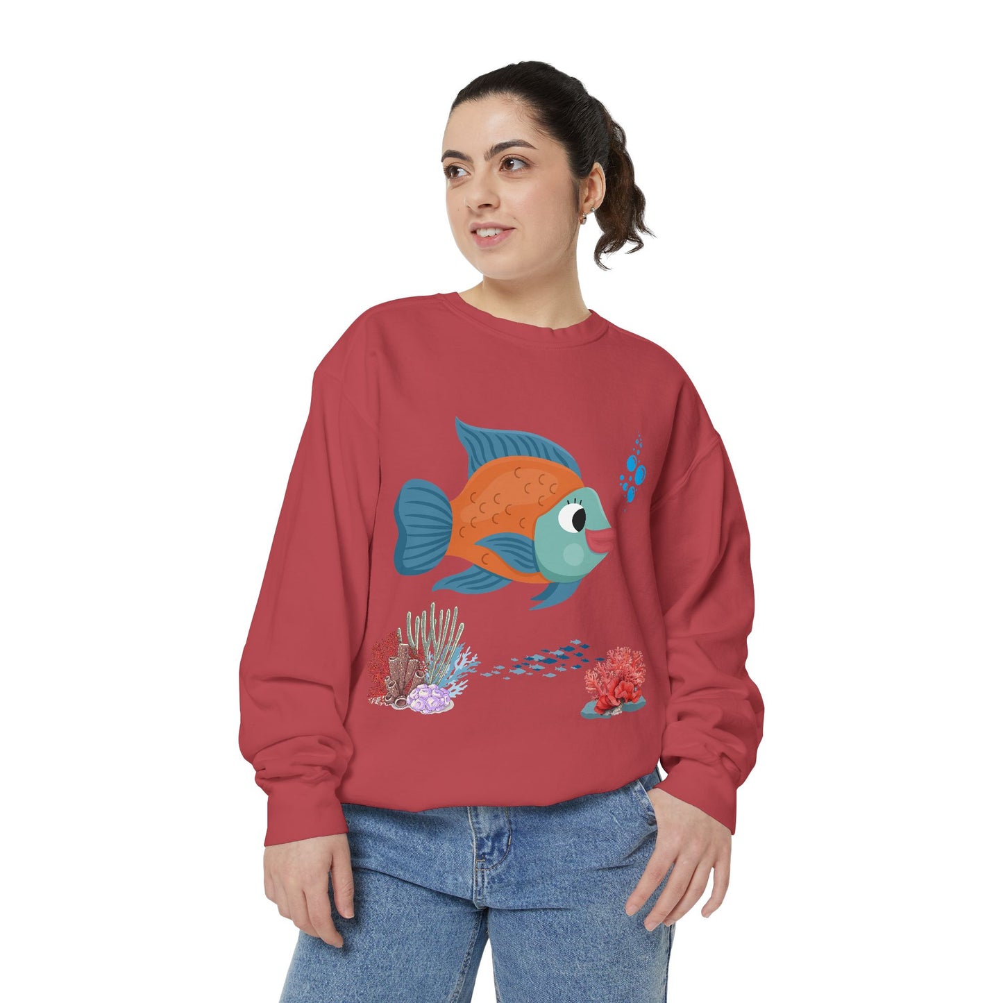 Orange and blue fish with coral and bubble Unisex Garment-Dyed Sweatshirt