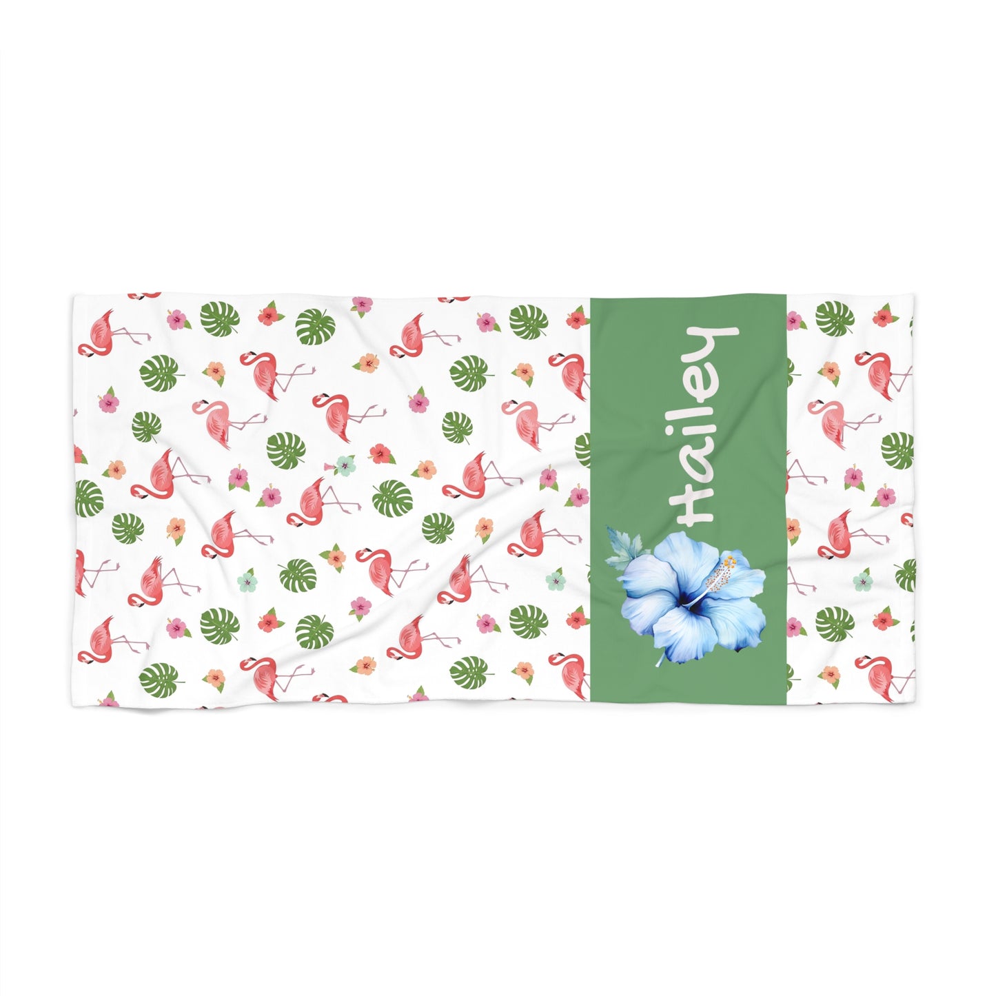 Personalized Flamingo Beach Towel — Tropical Hibiscus Name Towel