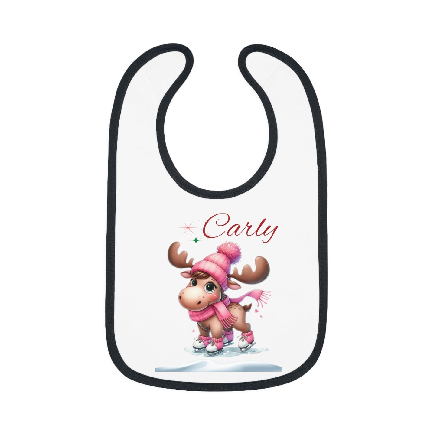 Personalized Baby Bib — Cute Ice Skating Moose with Name (Custom Carly)