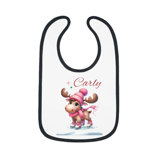 Personalized Baby Bib — Cute Ice Skating Moose with Name (Custom Carly)
