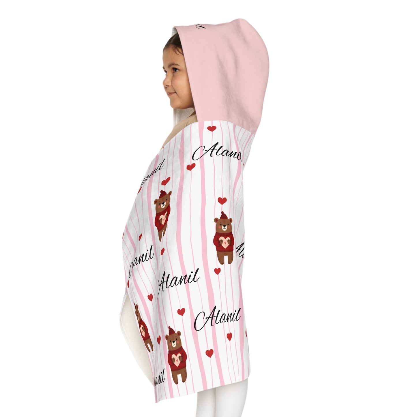Personalized Kids Hooded Towel — Cute Bear & Hearts Design (Custom Name)